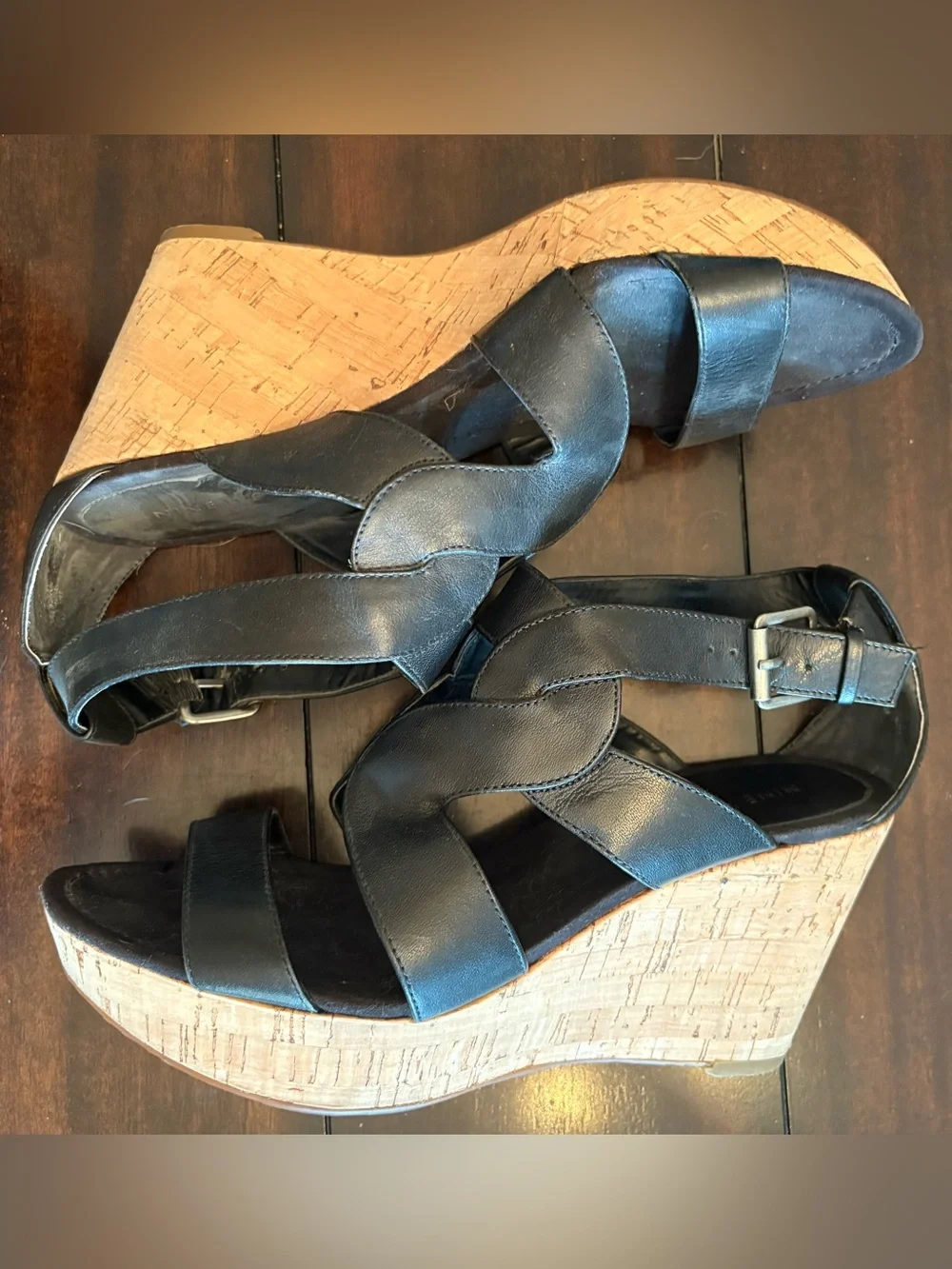Nine West Black Leather Cork Wedge Sandals